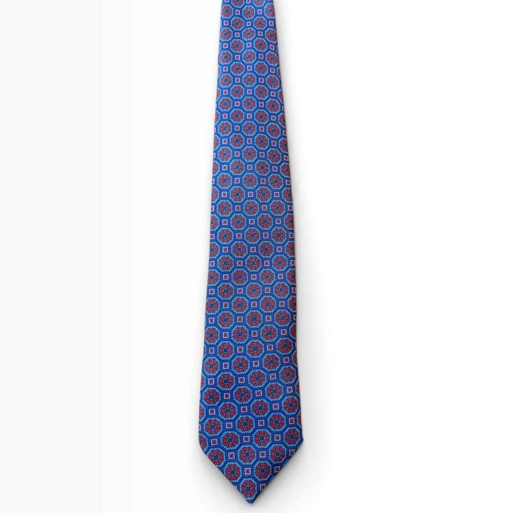 Atkinsons The Andover Shop Silk Tie Blue Red Medallion Geometric Made in Ireland